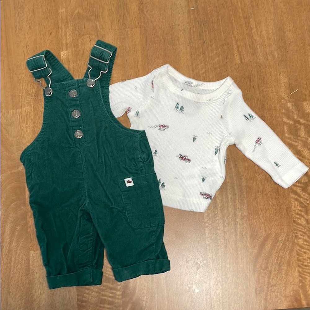 Green Corduroy Kids Overalls w/Red Truck undershirt